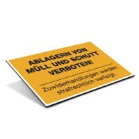 Schild Alu-Verbund Ablagern von Müll und Schutt verboten! (signalgelb, 300x200x4 mm)
