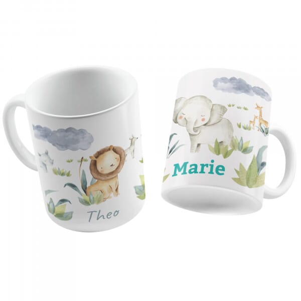 Personalisierte Kindertasse mit Namen – verschiedene Aquarell-Welten